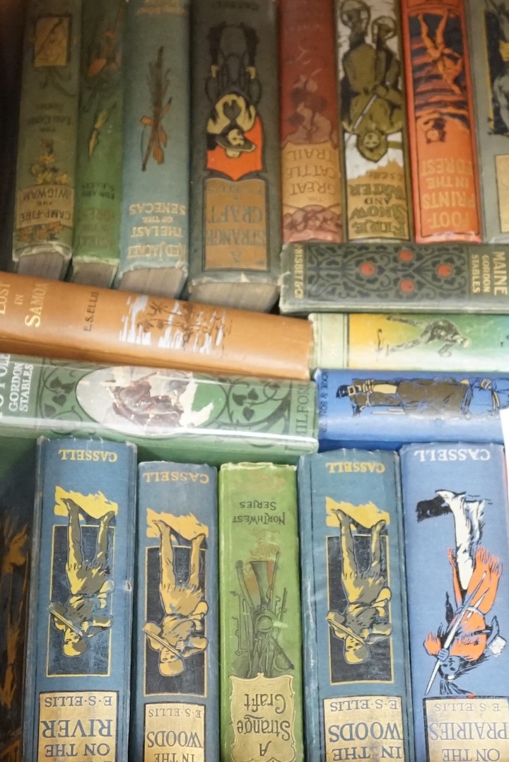 Children's Books - later 19th / earlier 20th century, mostly illustrated and with coloured pictorial covers; includes Gordon Stables From Pole to Pole (ca.1920) and Ellis's Lost in Samoa (1909) and others (48 in two boxe
